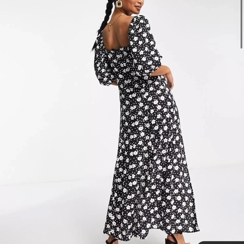 NWT ASOS DESIGN puff sleeve ruched bust midi split dress in floral and heart 6